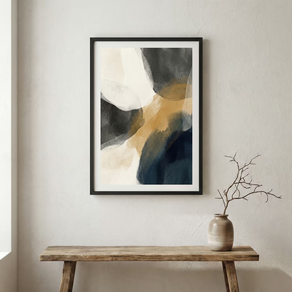 Black Beige Gold Abstract canvas wall art in a framed room setting