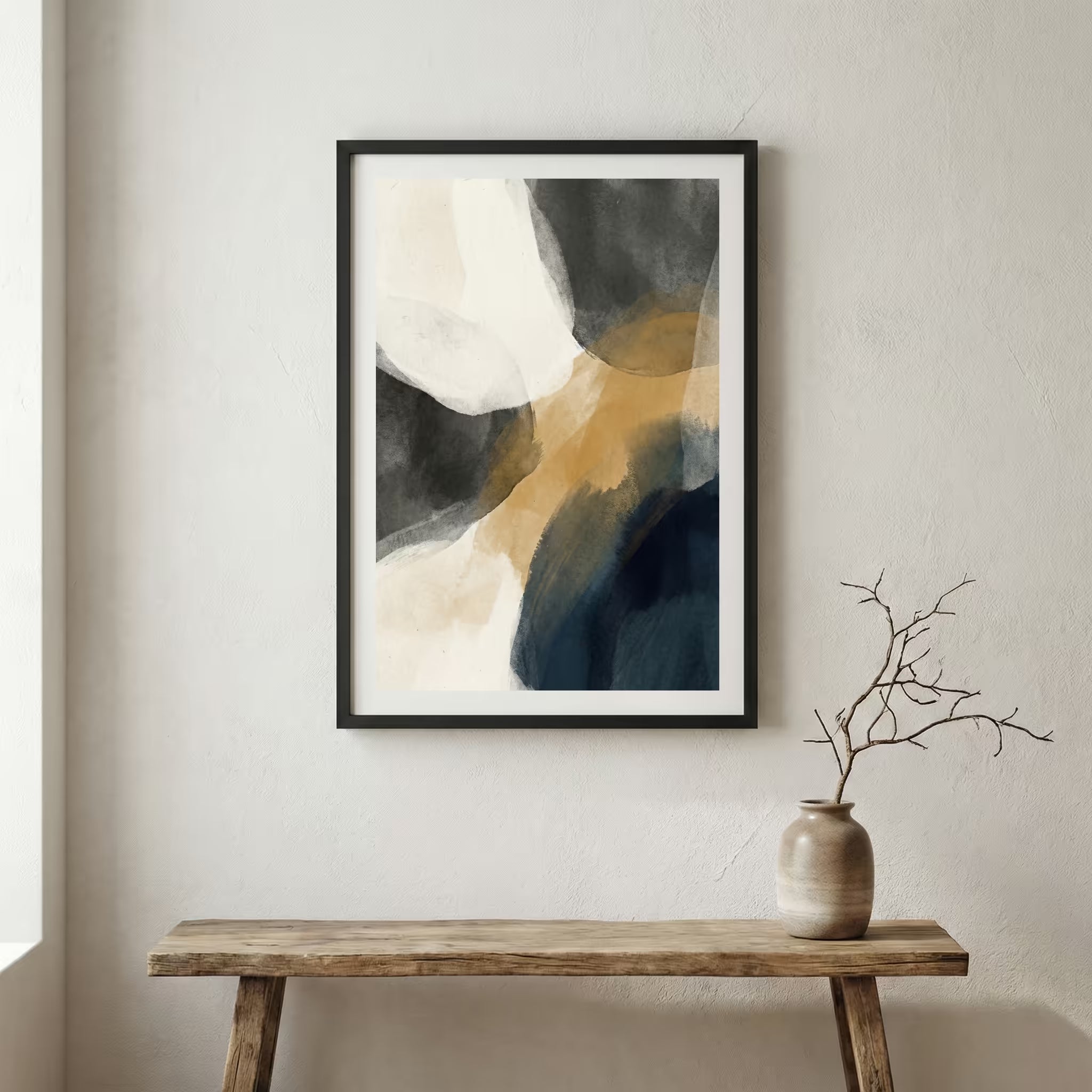 Black Beige Gold Abstract canvas wall art in a framed room setting