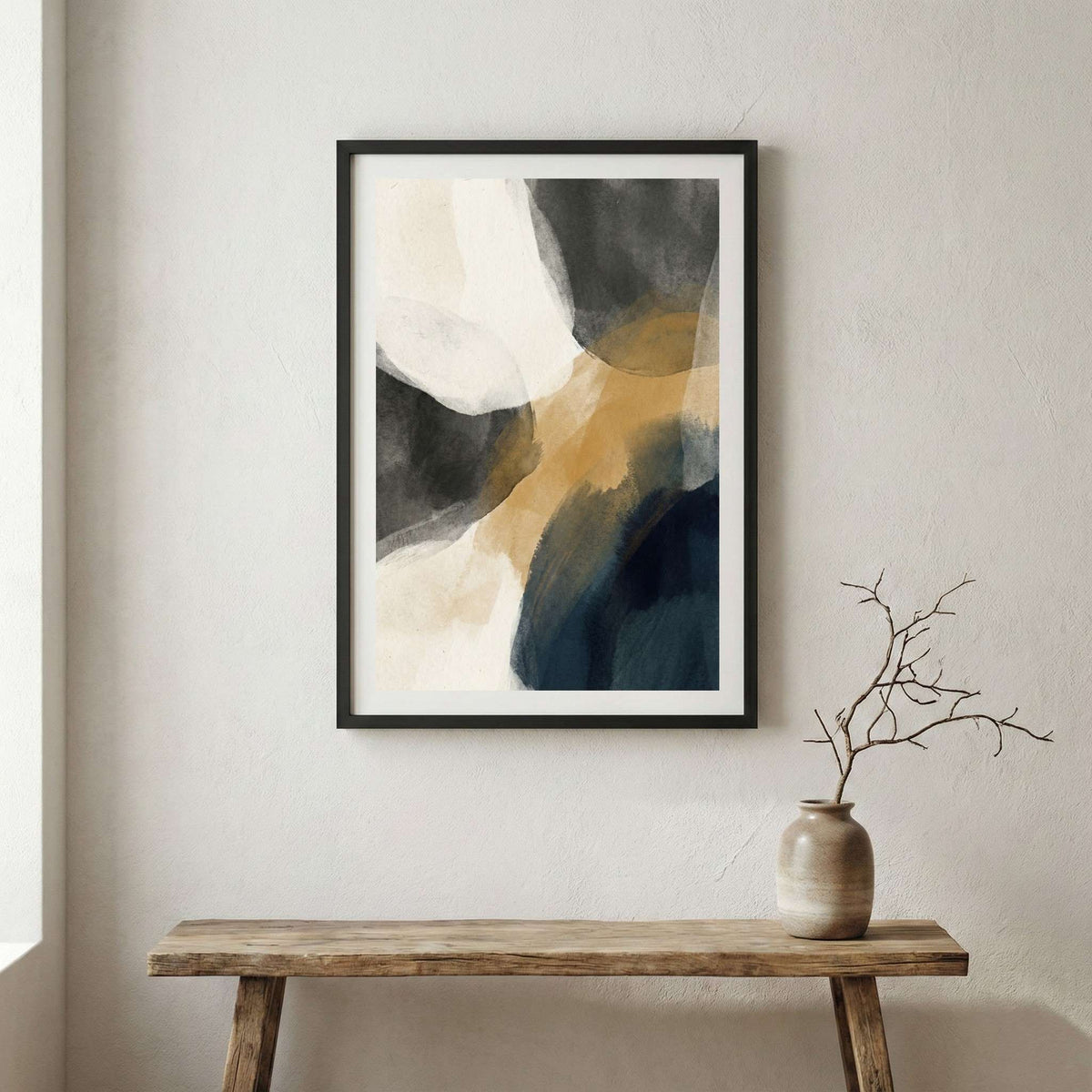 Black Beige Gold Abstract canvas wall art in a framed room setting