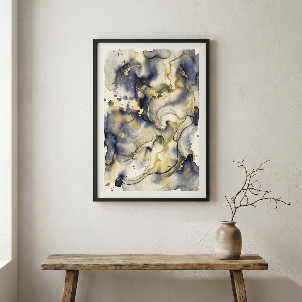 Blue Gray Marbled Abstract canvas wall art in a framed room setting