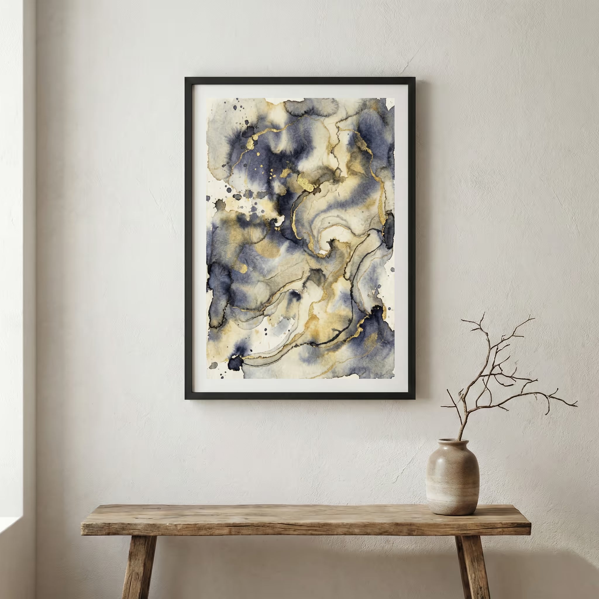 Blue Gray Marbled Abstract canvas wall art in a framed room setting