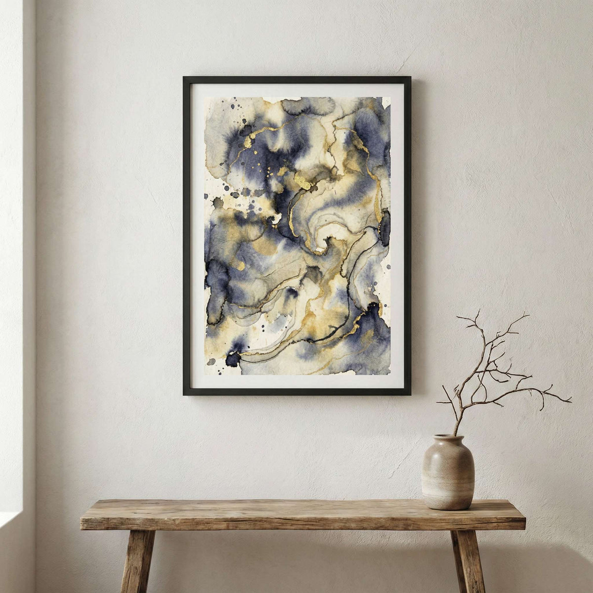 Blue Gray Marbled Abstract canvas wall art in a framed room setting