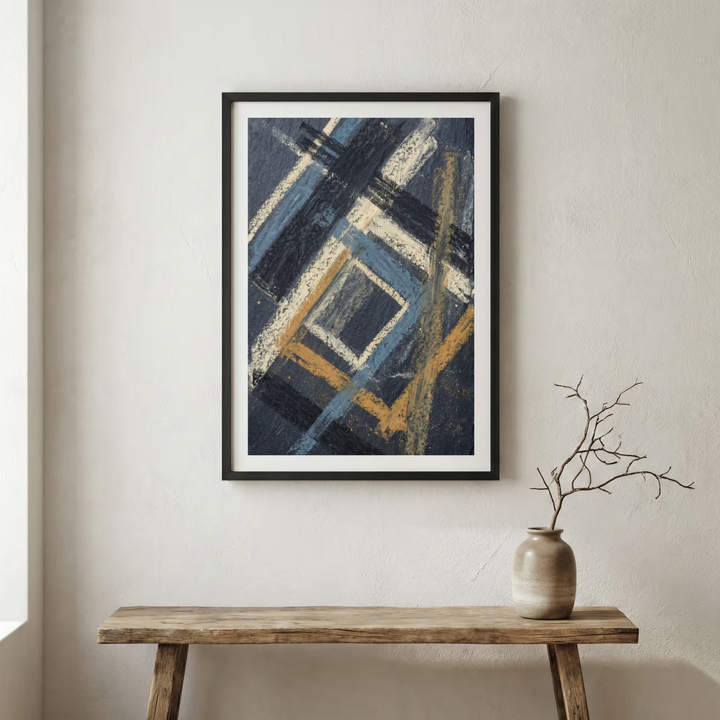 Navy Gold Geometric Grid Abstract canvas wall art in a framed room setting