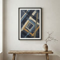 Navy Gold Geometric Grid Abstract canvas wall art in a framed room setting