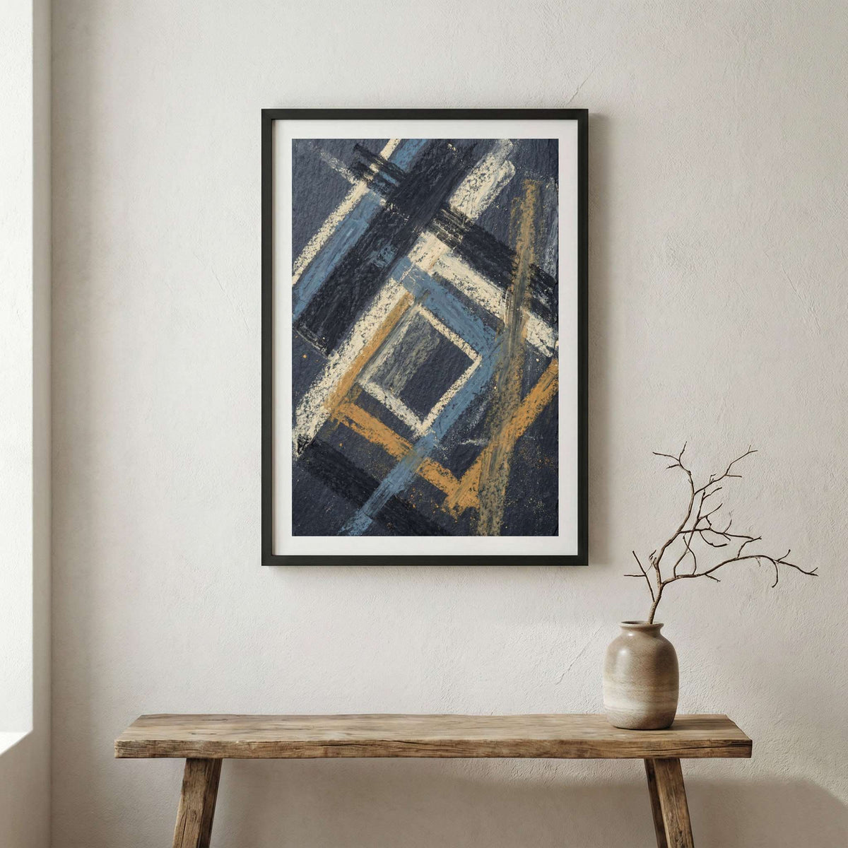 Navy Gold Geometric Grid Abstract canvas wall art in a framed room setting