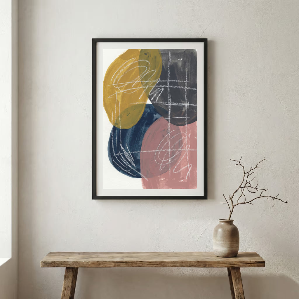 Pink Navy Gold Geometric Abstract canvas wall art in a framed room setting