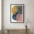 Pink Navy Gold Geometric Abstract canvas wall art in a framed room setting