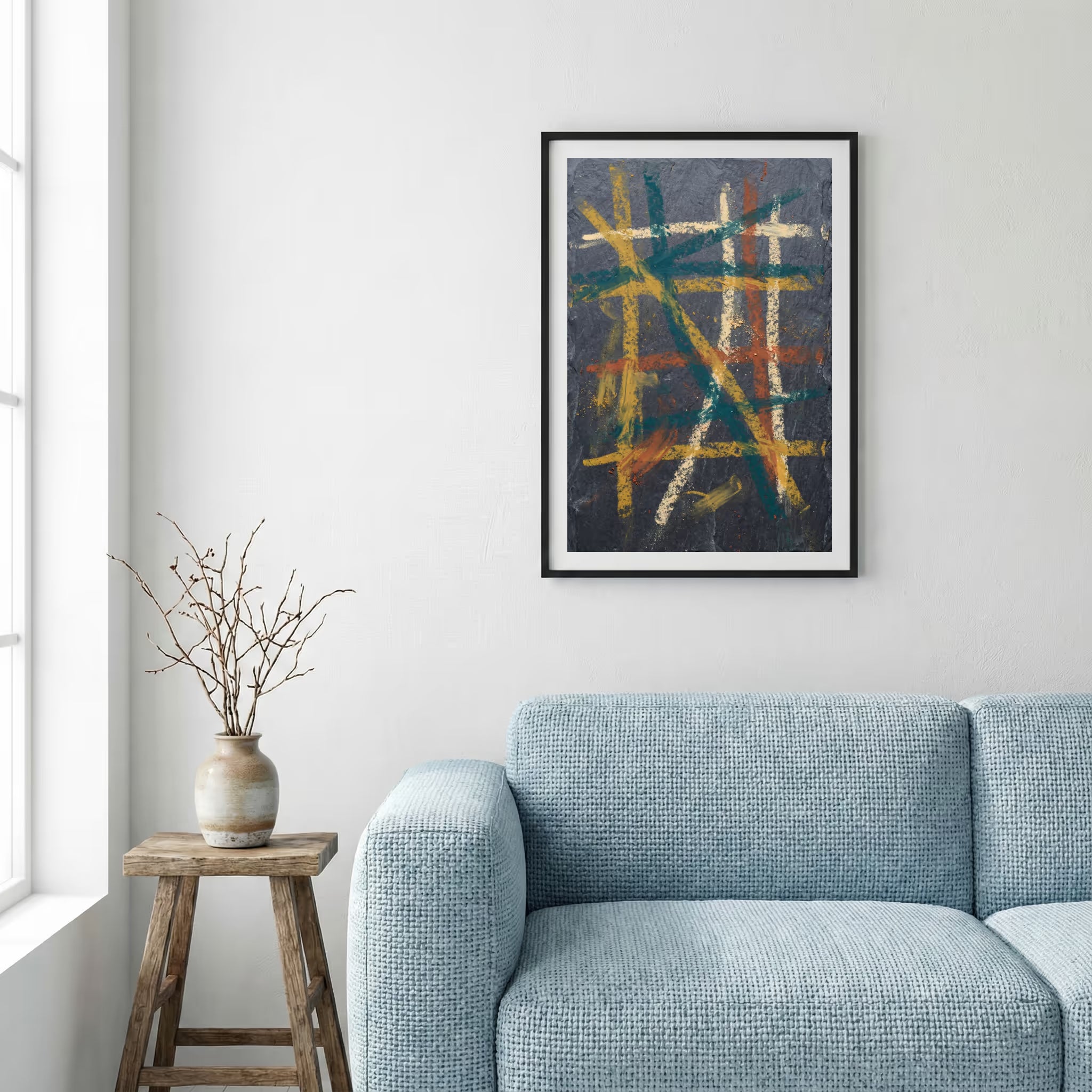 Navy Orange Layered Linework Abstract canvas wall art — alternate a view