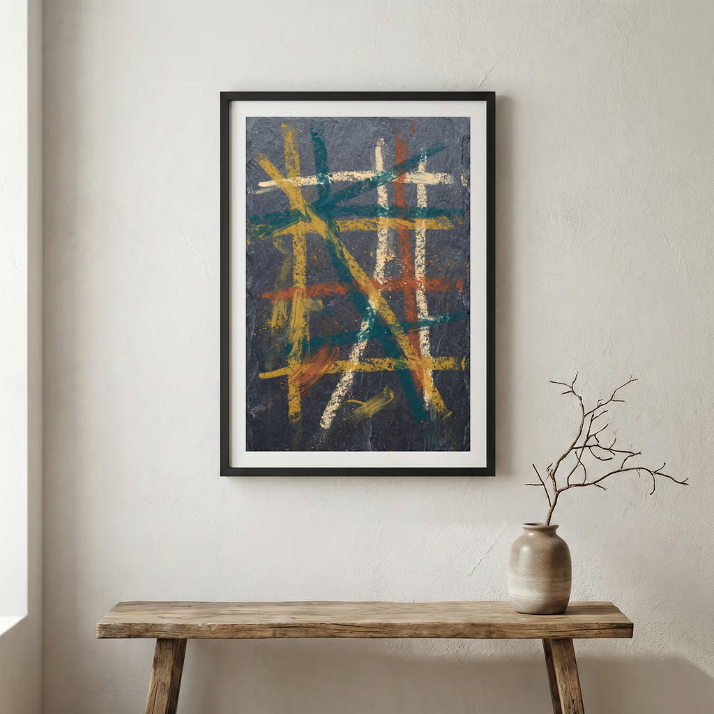Navy Orange Layered Linework Abstract canvas wall art in a framed room setting