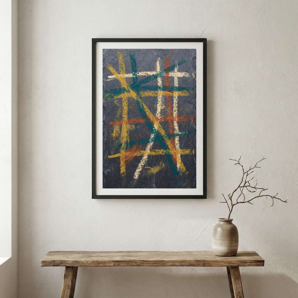 Navy Orange Layered Linework Abstract canvas wall art in a framed room setting