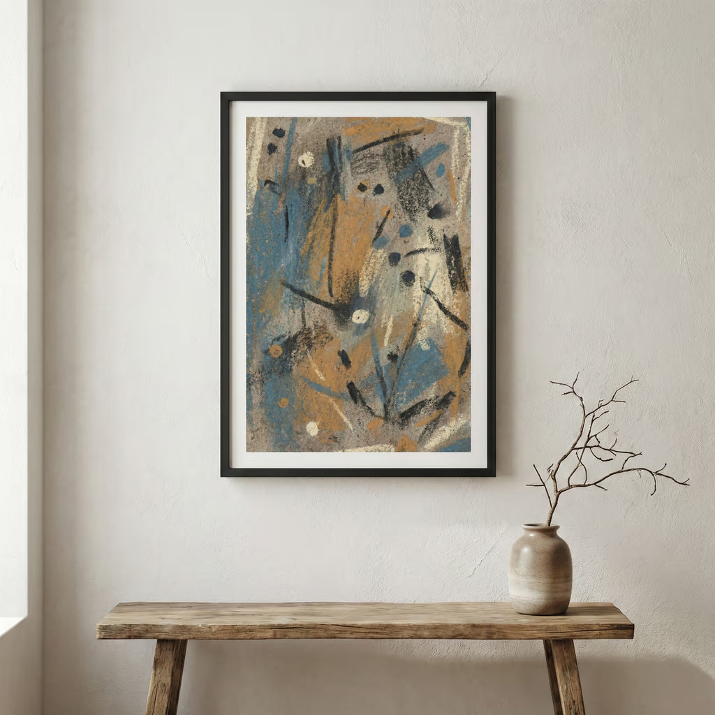 Blue Brown Textured Abstract canvas wall art in a framed room setting