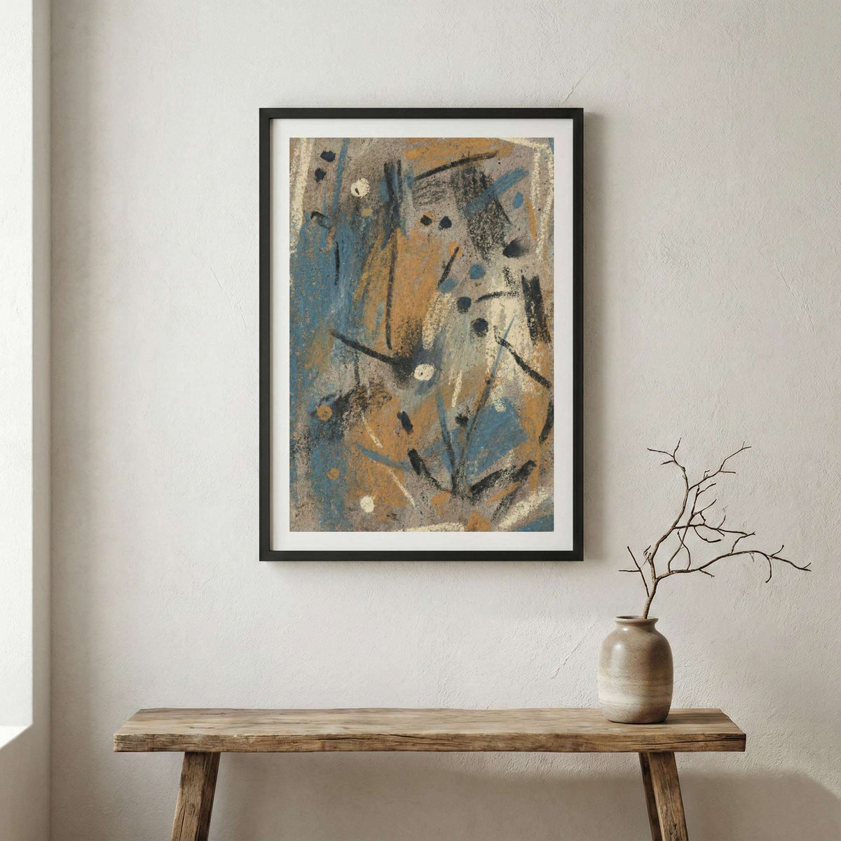 Blue Brown Textured Abstract canvas wall art in a framed room setting