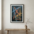 Navy Orange Expressive Abstract canvas wall art in a framed room setting