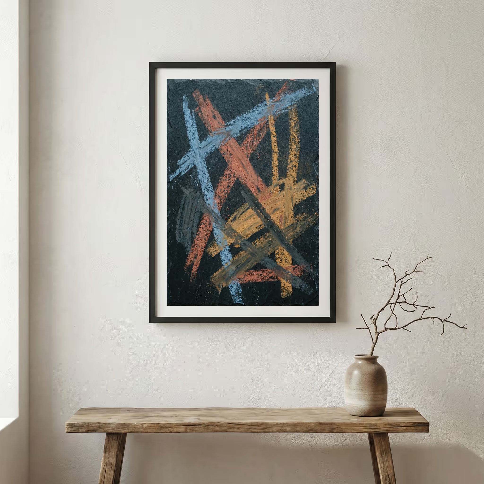 Navy Orange Expressive Abstract canvas wall art in a framed room setting