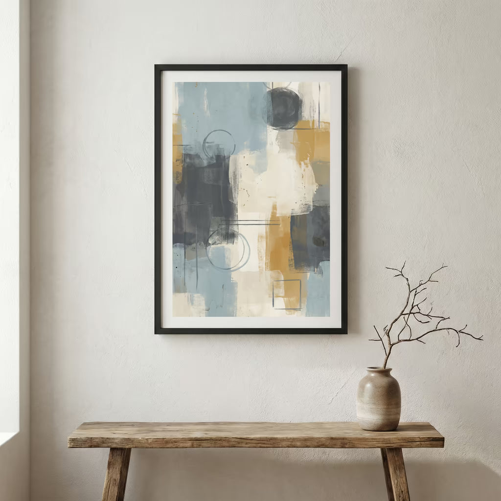 Blue Gray Gold Abstract canvas wall art in a framed room setting