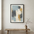 Blue Gray Gold Abstract canvas wall art in a framed room setting