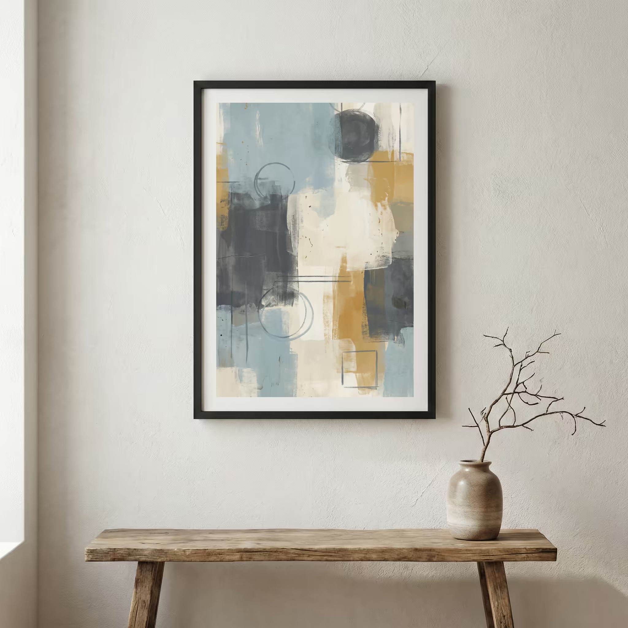 Blue Gray Gold Abstract canvas wall art in a framed room setting