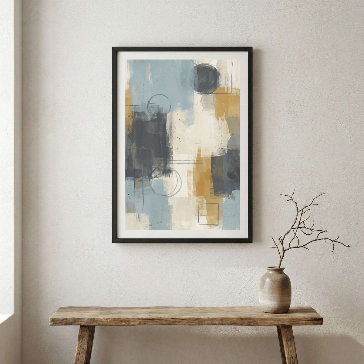Blue Gray Gold Abstract canvas wall art in a framed room setting