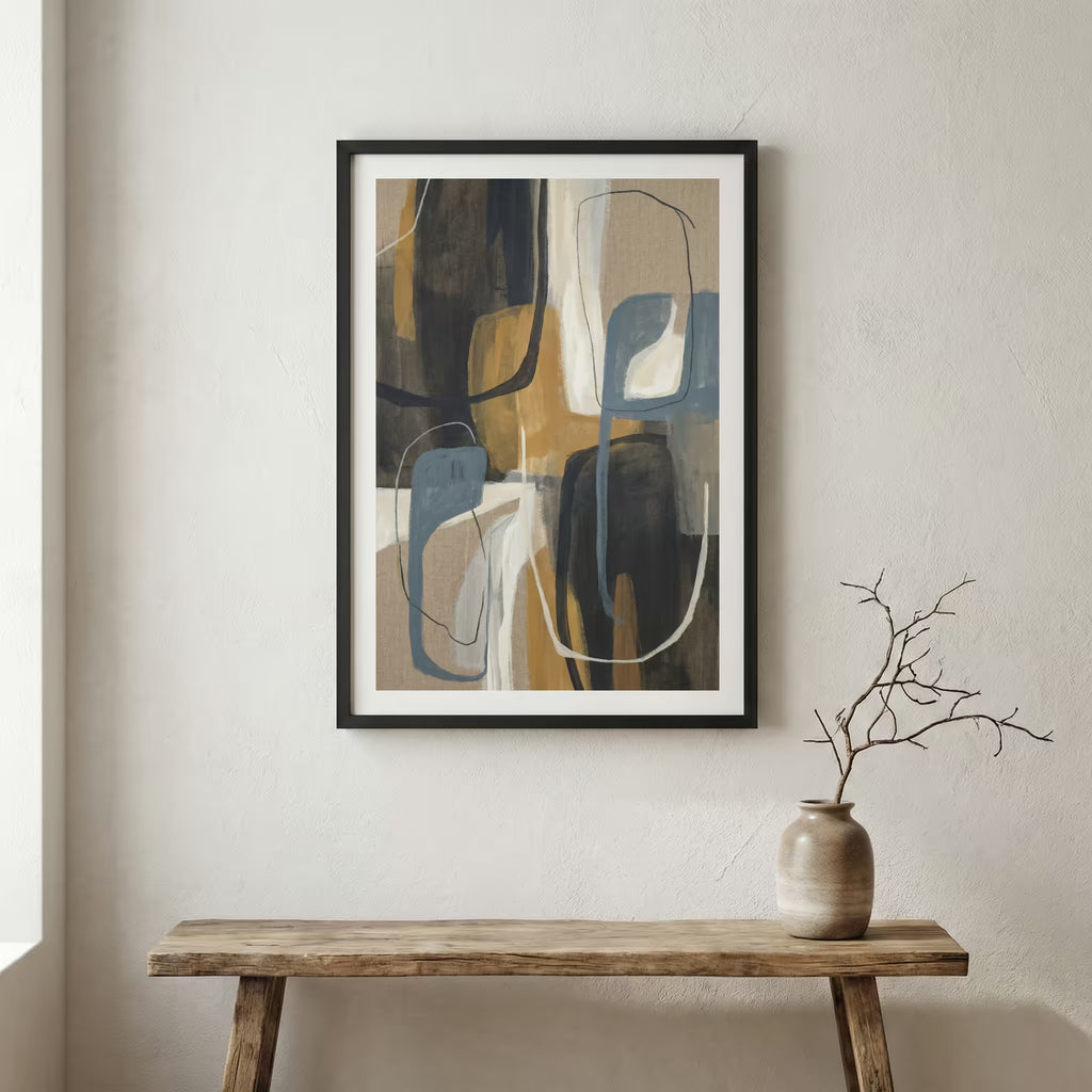 Navy Gold Geometric Abstract canvas wall art in a framed room setting