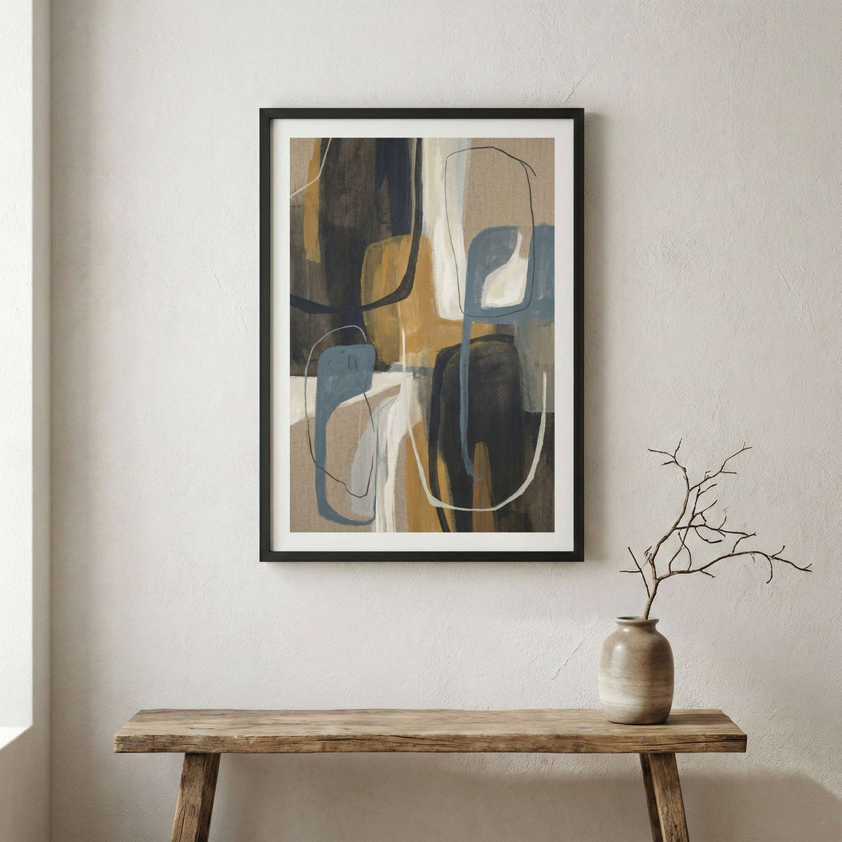 Navy Gold Geometric Abstract canvas wall art in a framed room setting