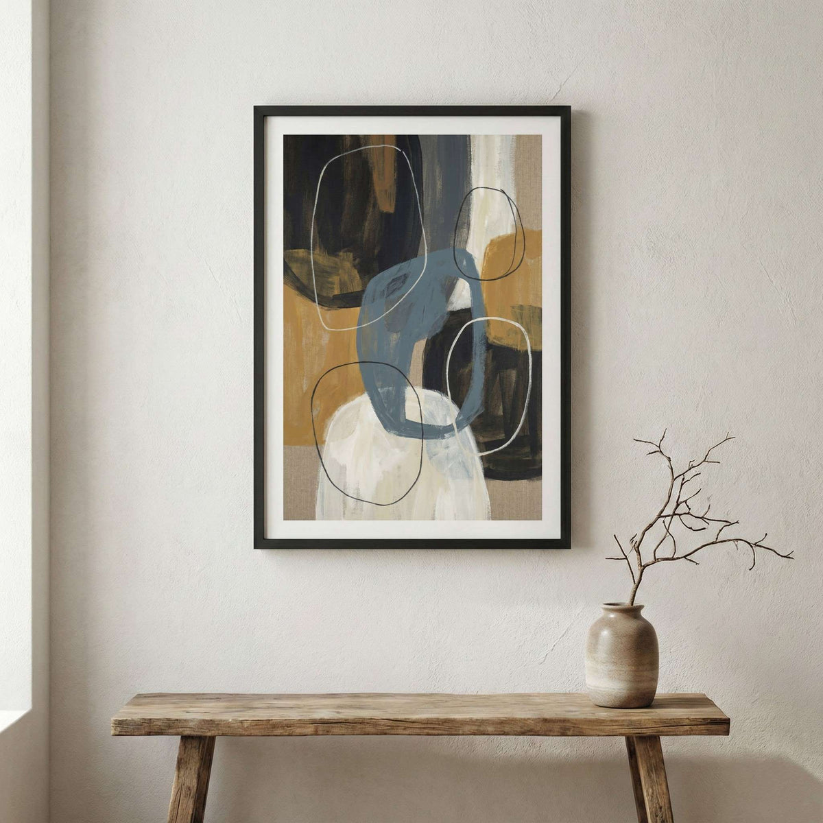 Navy Beige Geometric Abstract canvas wall art in a framed room setting