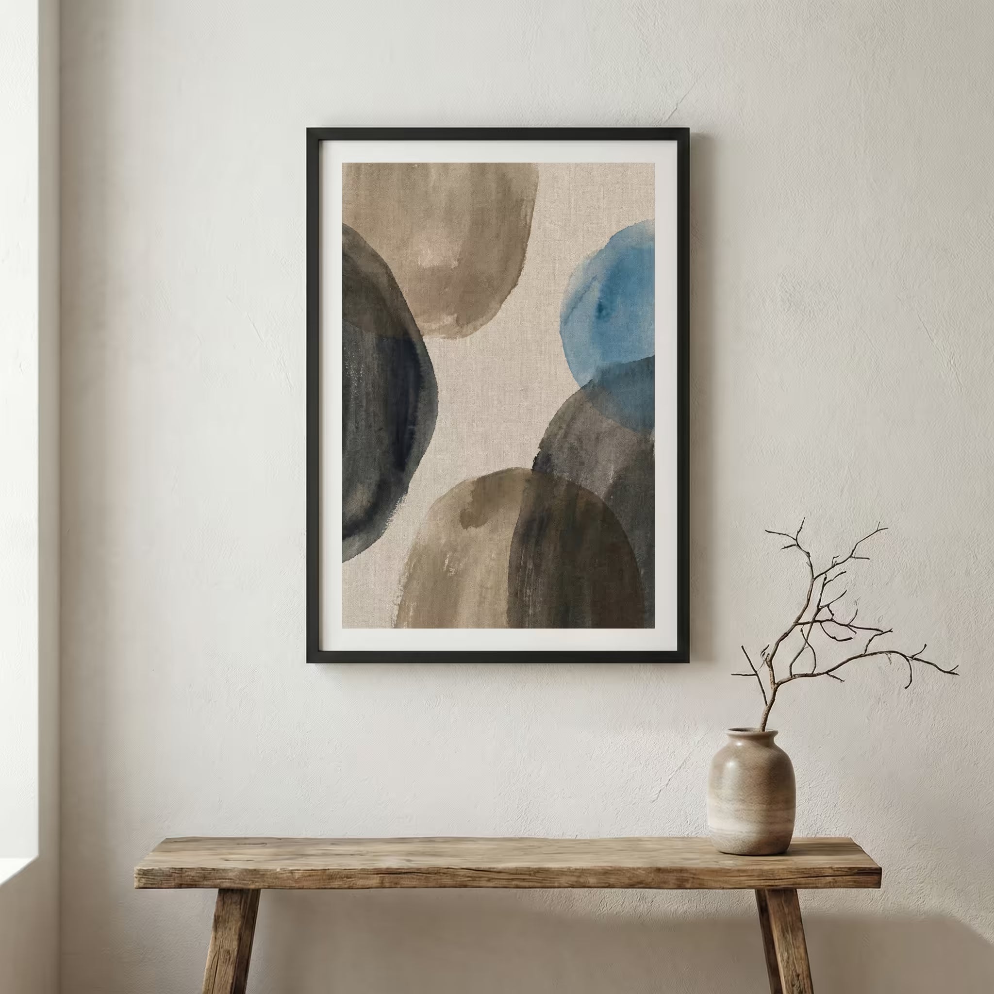 Taupe Blue Organic Abstract canvas wall art in a framed room setting