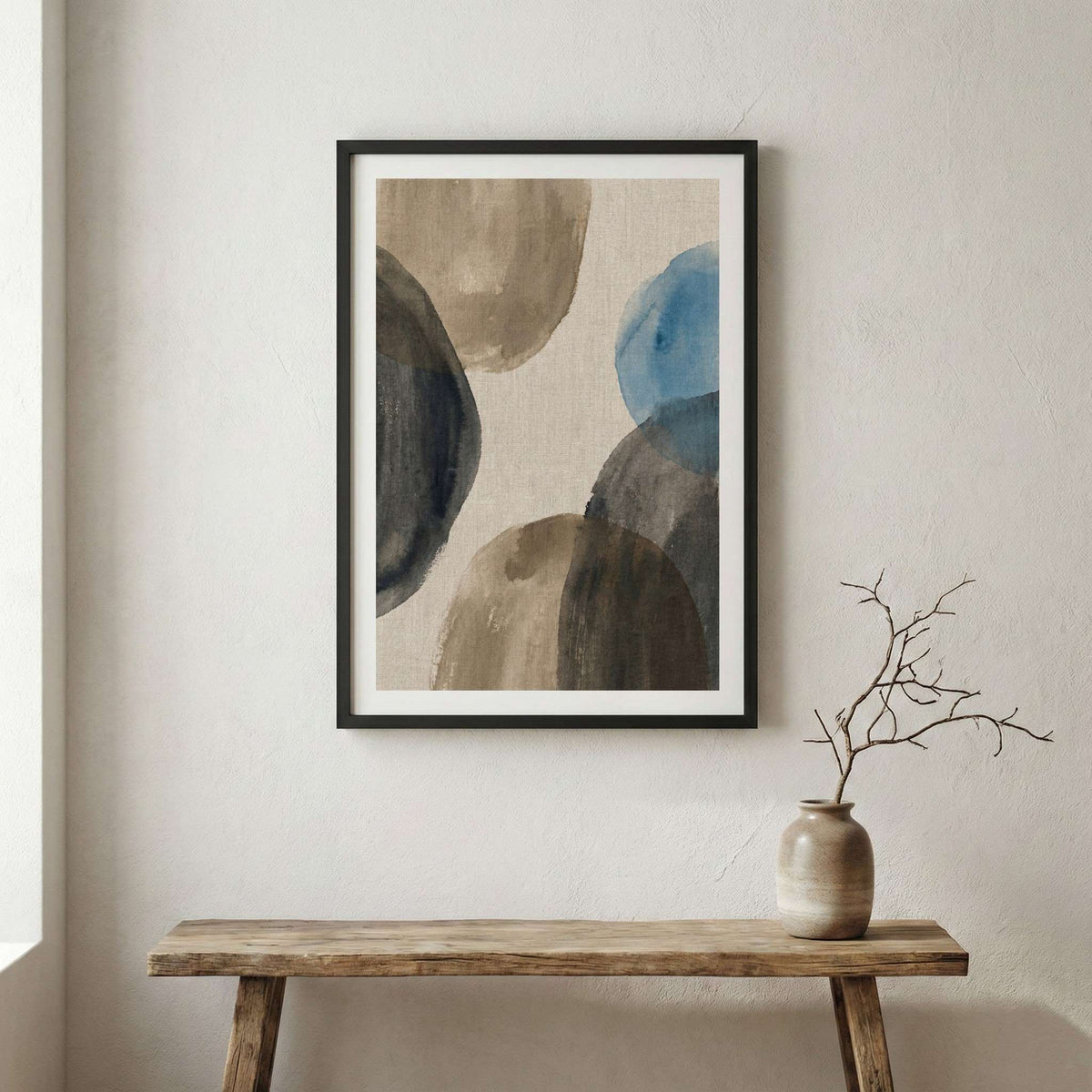Taupe Blue Organic Abstract canvas wall art in a framed room setting