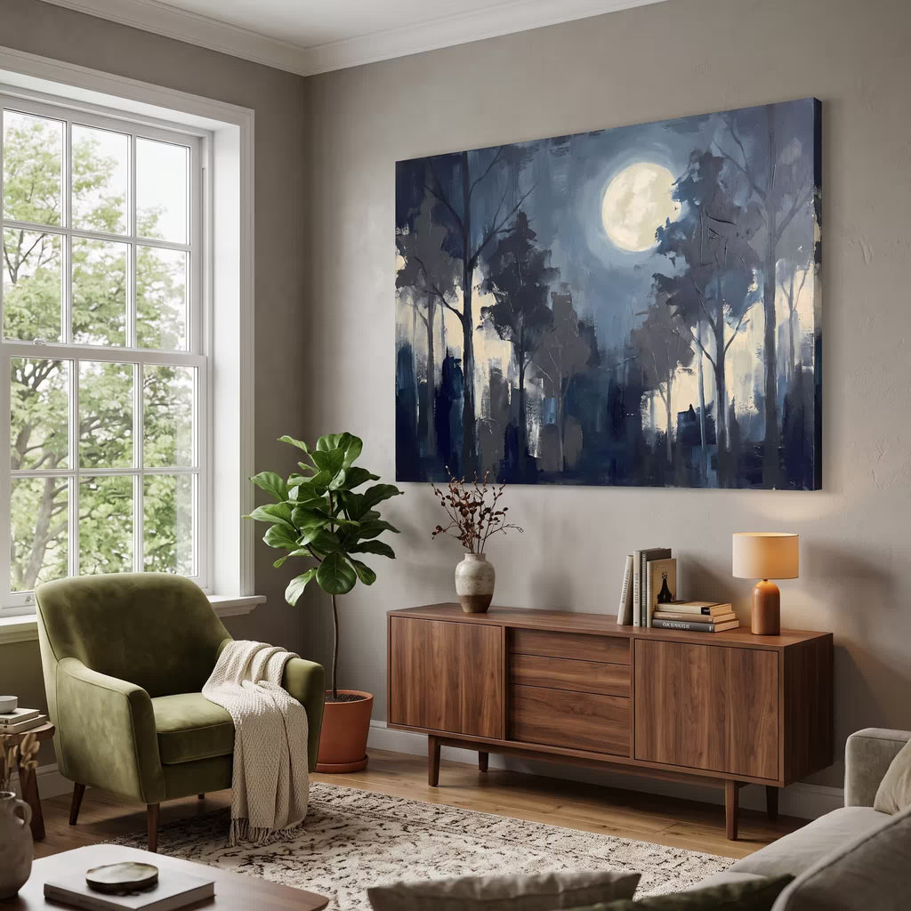 Moody Blue Forest-Inspired Abstract canvas wall art — alternate a view