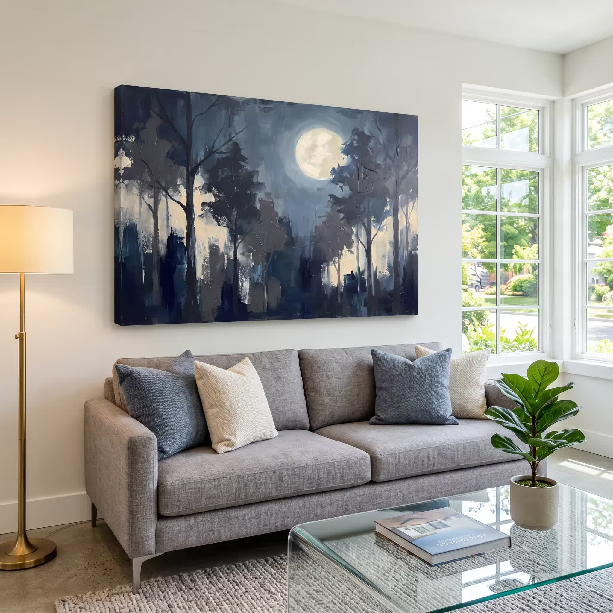 Moody Blue Forest-Inspired Abstract canvas wall art — alternate b view