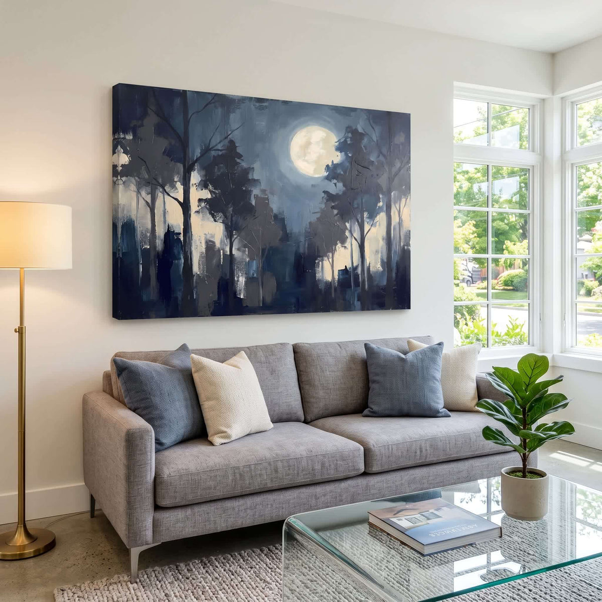 Moody Blue Forest-Inspired Abstract canvas wall art — alternate b view