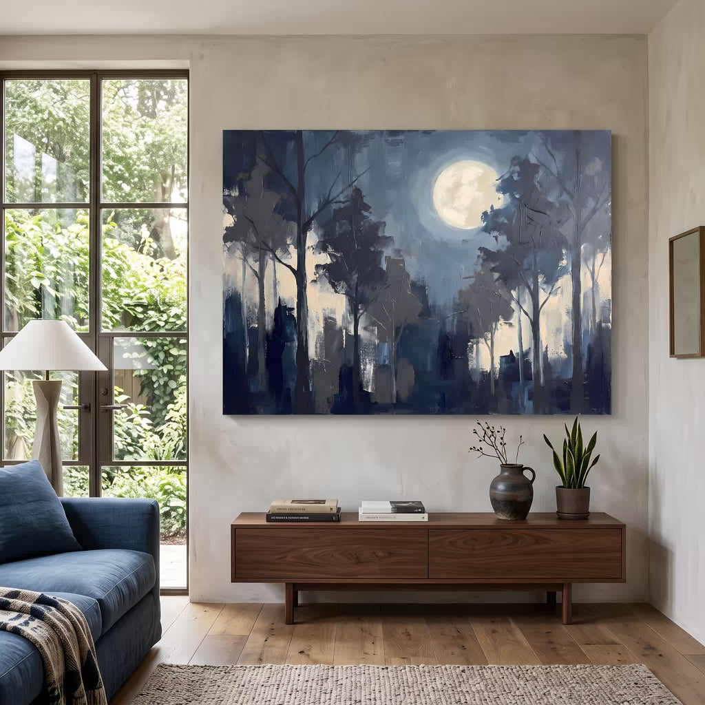 Moody Blue Forest-Inspired Abstract canvas wall art in a framed room setting