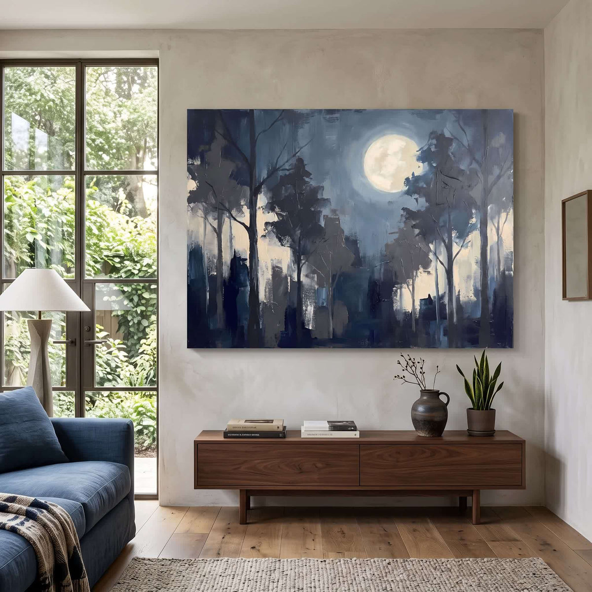 Moody Blue Forest-Inspired Abstract canvas wall art in a framed room setting