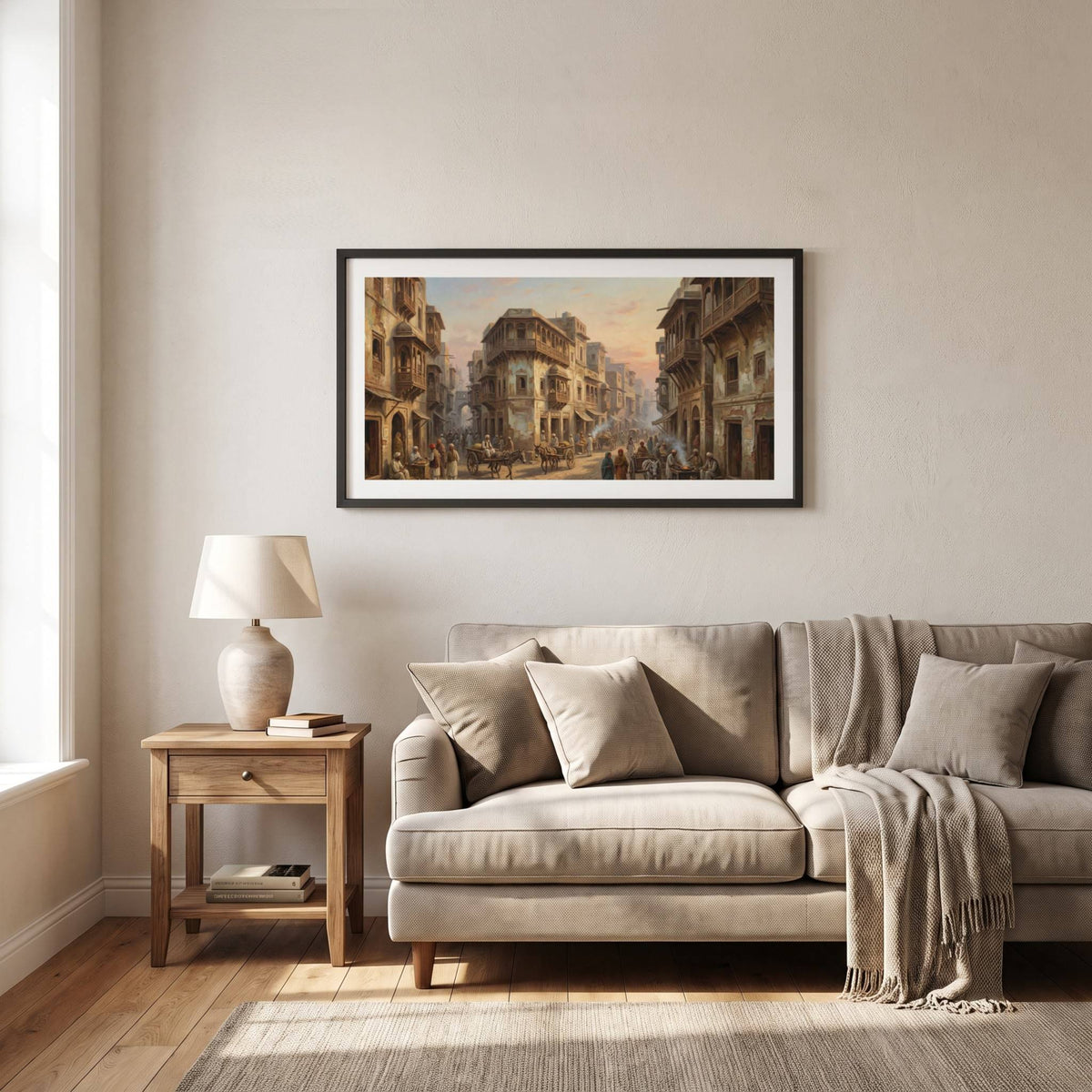 Vintage painting of a bustling old-city street lined with traditional buildings at dusk — framed vintage painting.