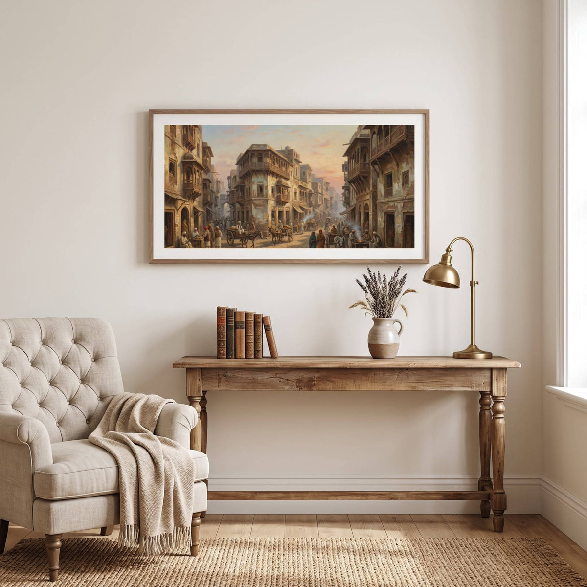 Vintage painting of a bustling old-city street lined with traditional buildings at dusk — framed vintage painting.