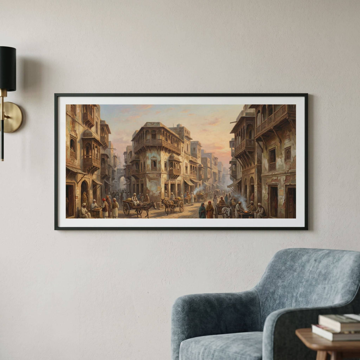 Vintage painting of a bustling old-city street lined with traditional buildings at dusk — framed vintage painting.