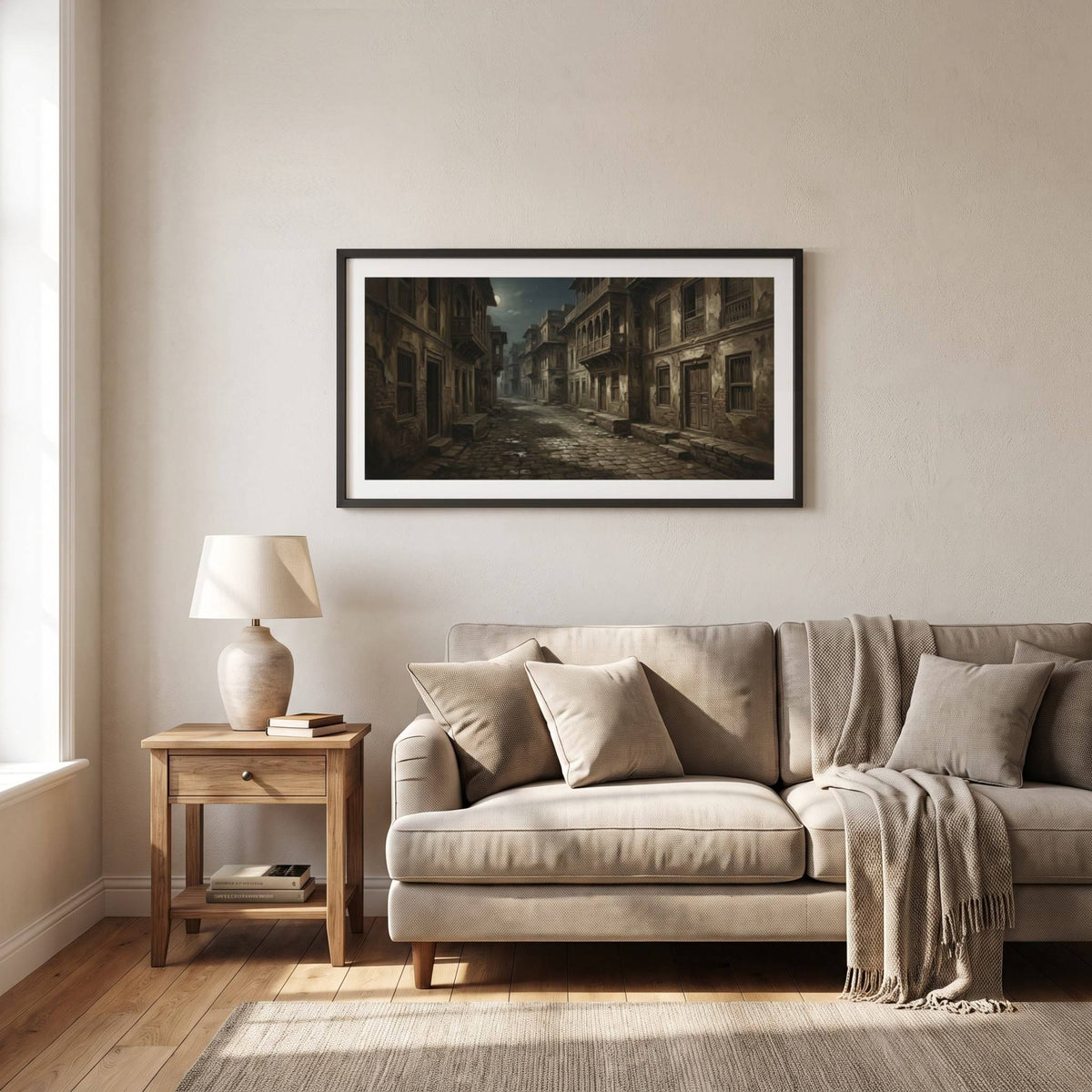 Vintage painting of a shadowed, narrow stone alley between old buildings — framed vintage painting.