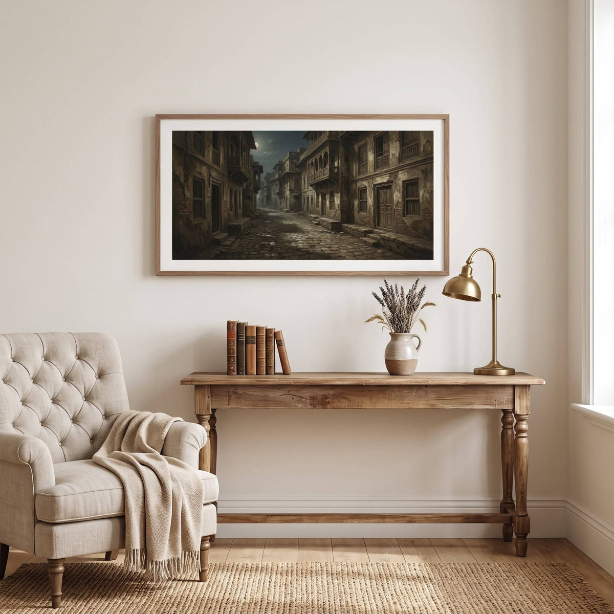 Vintage painting of a shadowed, narrow stone alley between old buildings — framed vintage painting.
