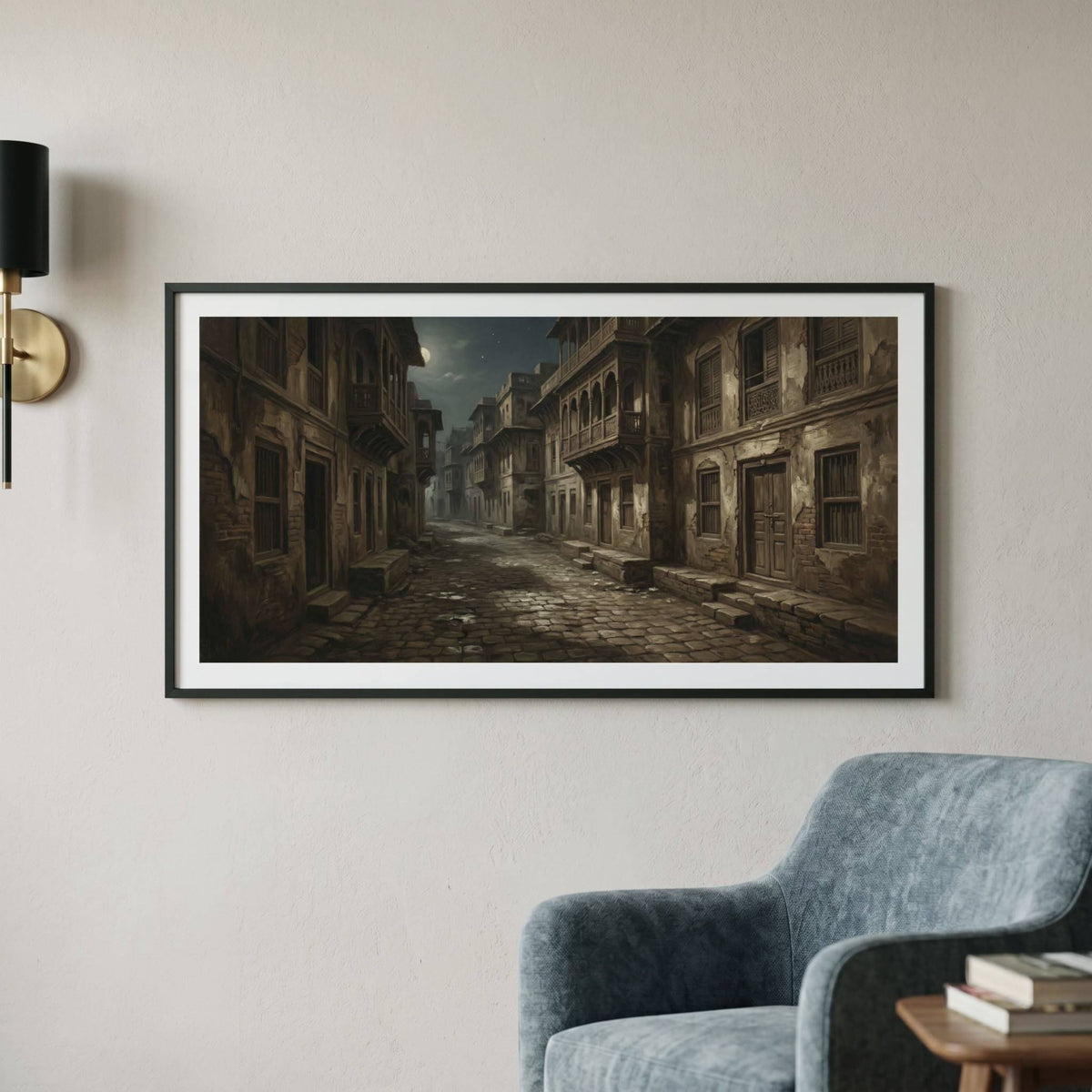 Vintage painting of a shadowed, narrow stone alley between old buildings — framed vintage painting.