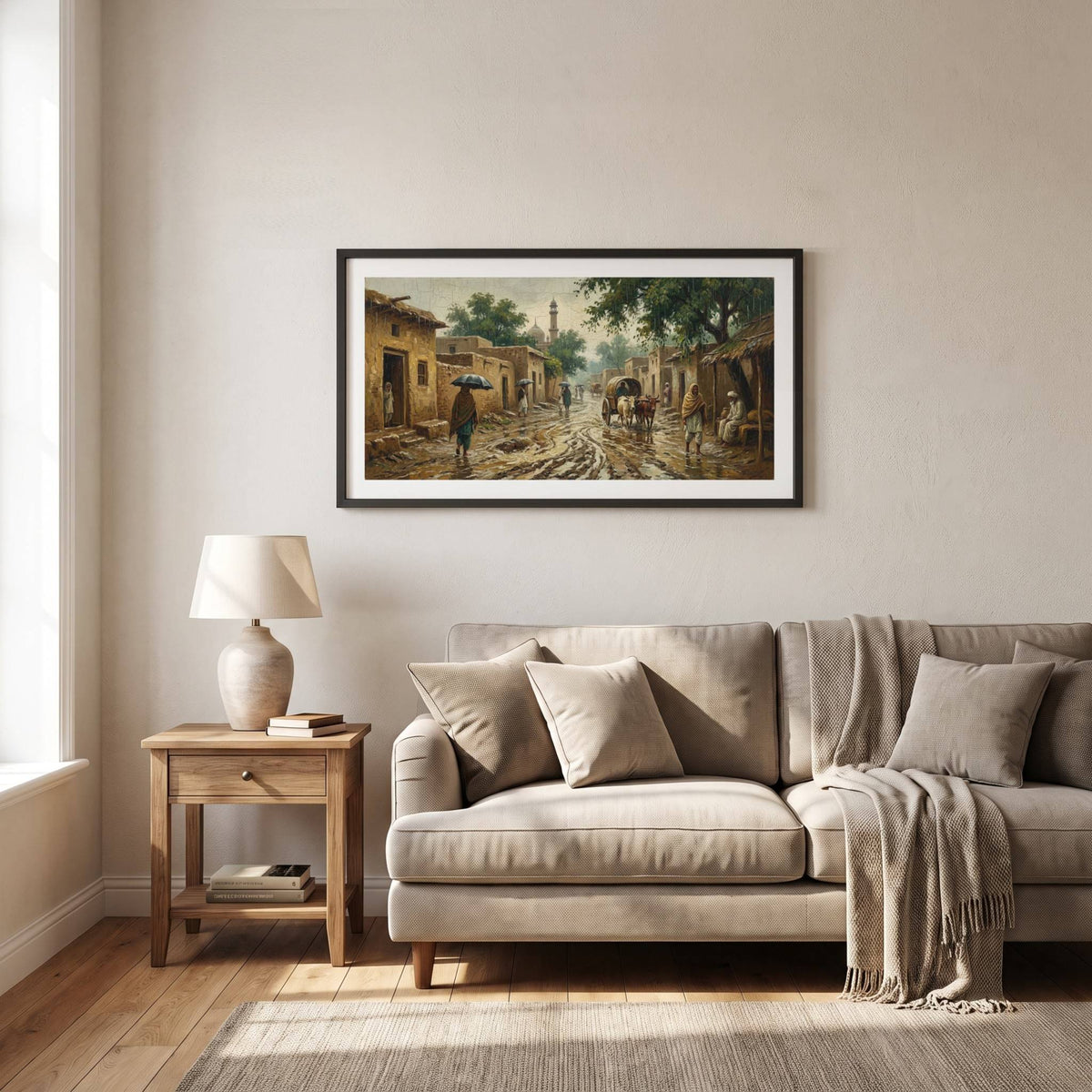 Vintage painting of a muddy old-town street with a distant minaret and horse cart — framed vintage painting.