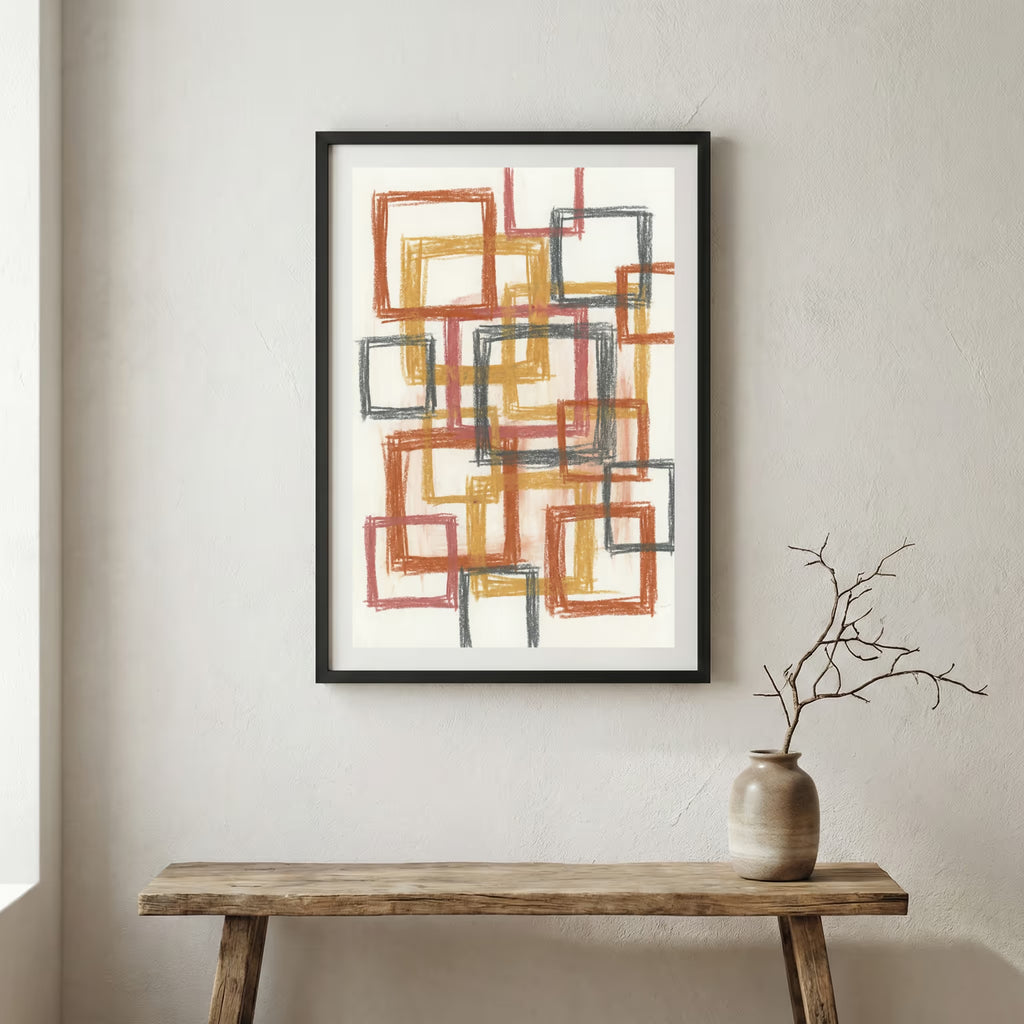 Rust Gold Geometric Line Abstract canvas wall art in a framed room setting