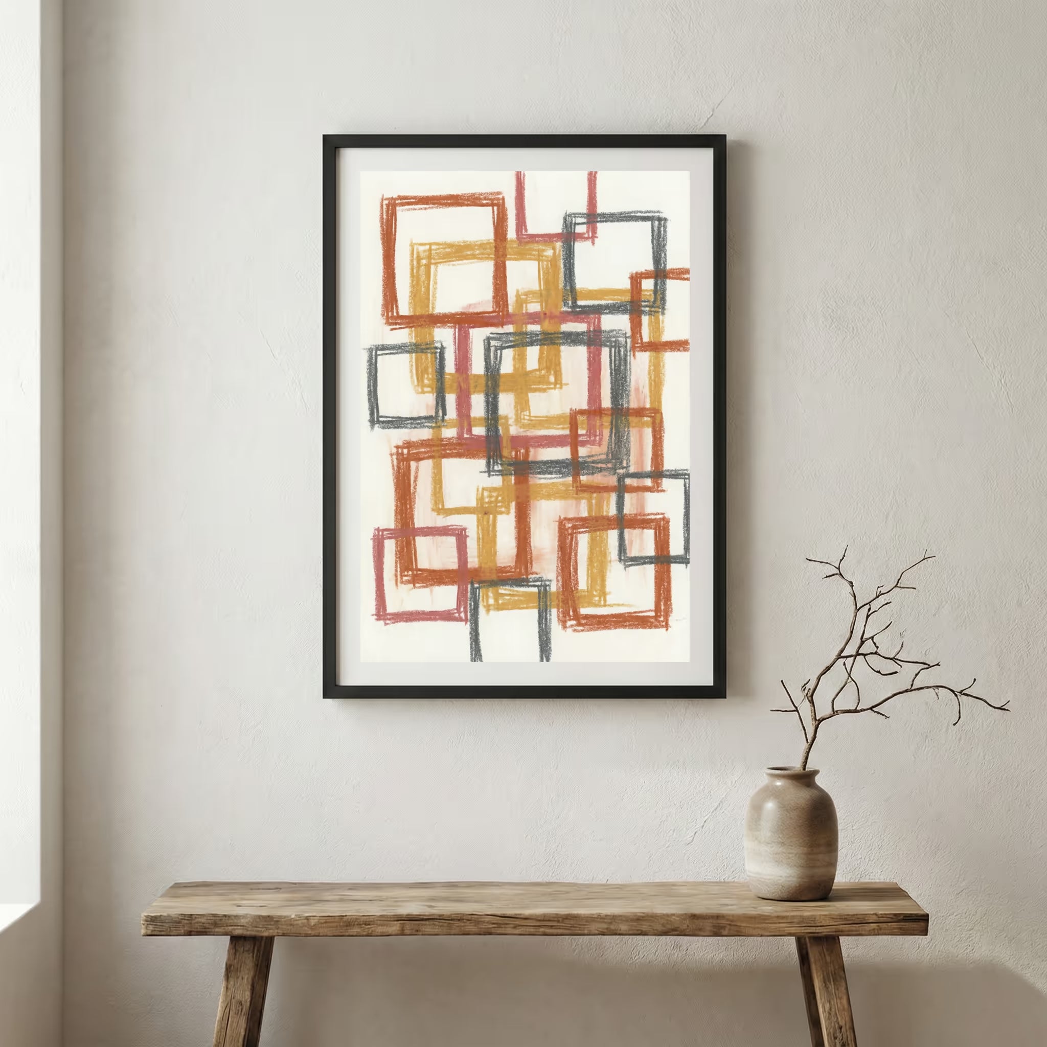 Rust Gold Geometric Line Abstract canvas wall art in a framed room setting