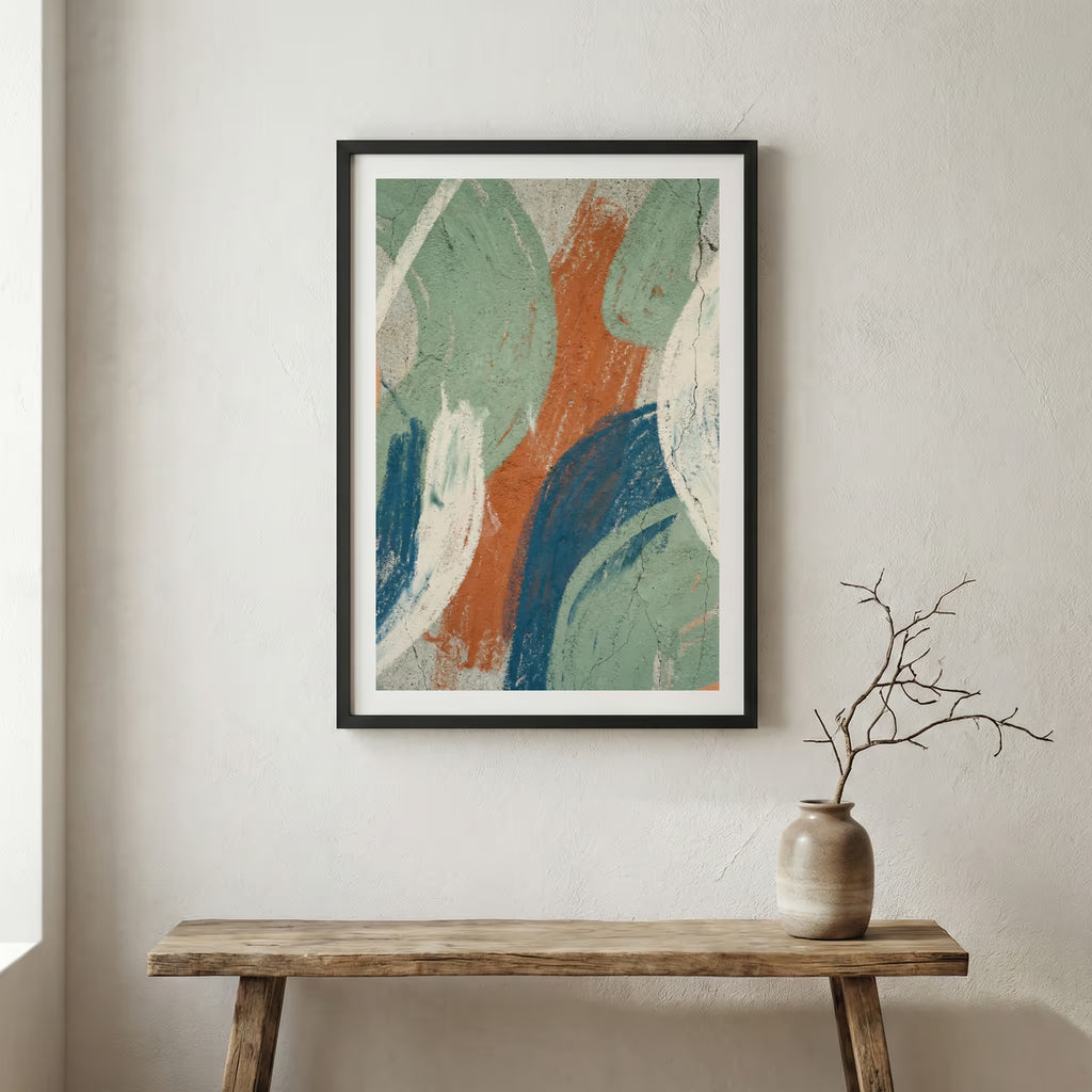Teal Terracotta Organic Abstract canvas wall art in a framed room setting