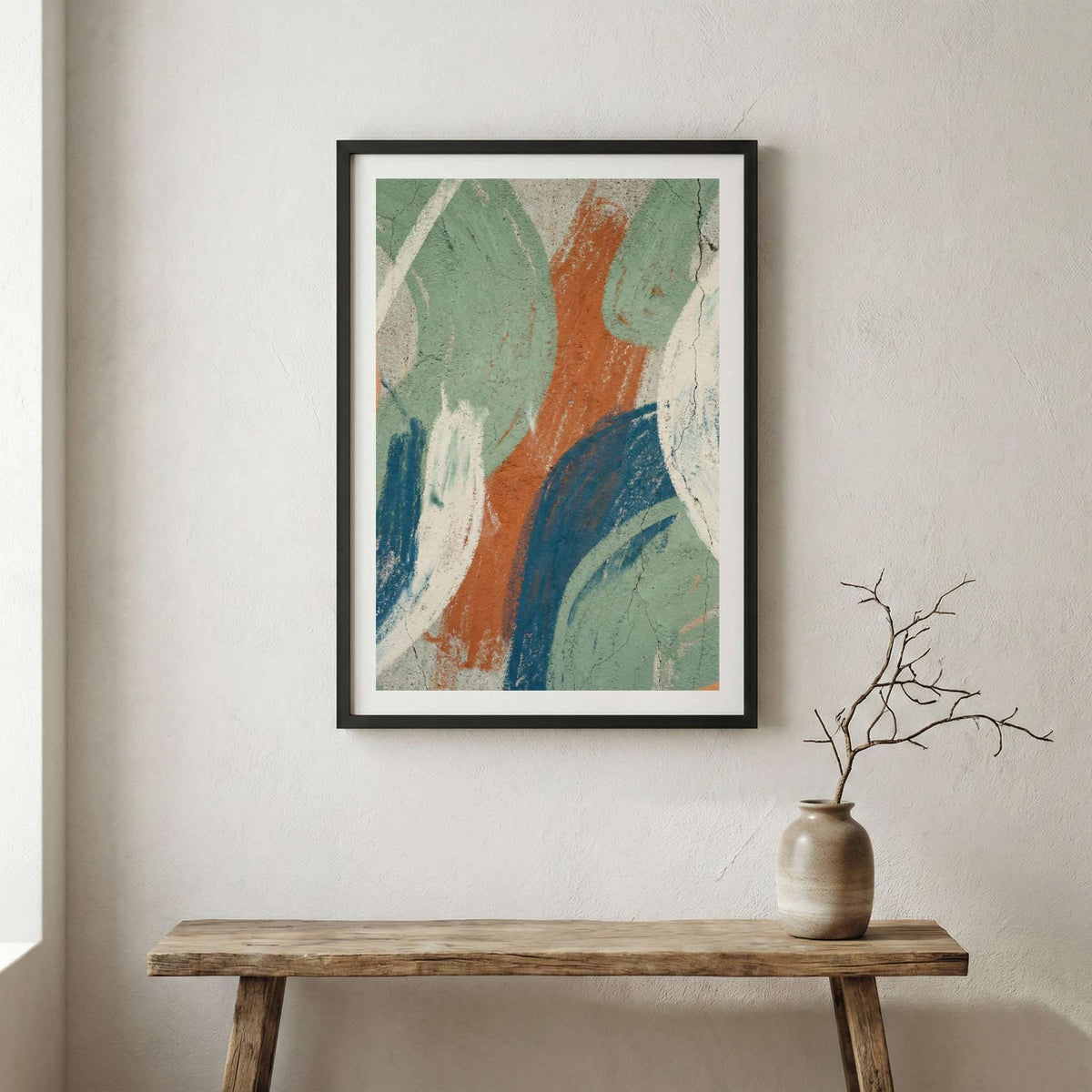 Teal Terracotta Organic Abstract canvas wall art in a framed room setting
