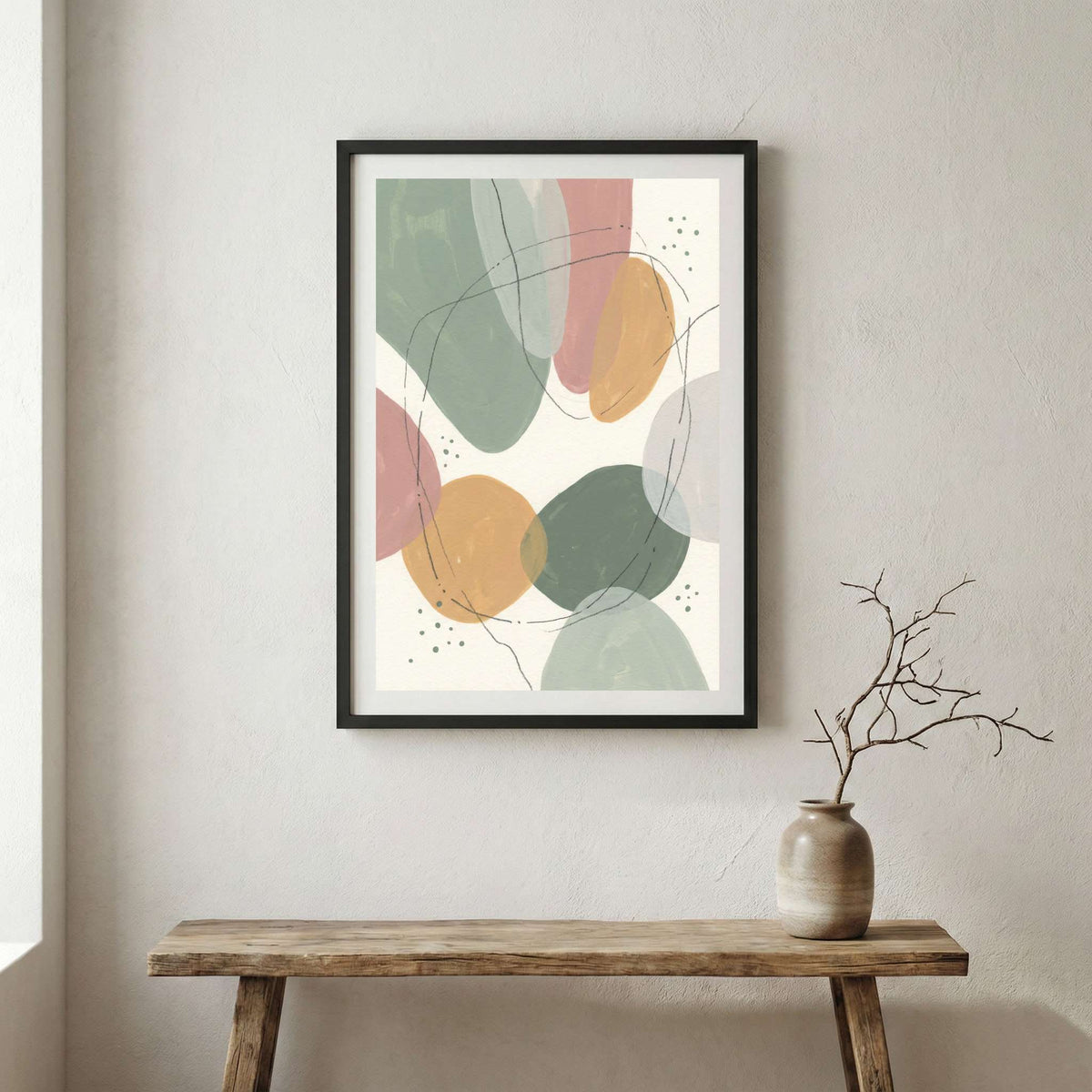 Pastel Terracotta Sage Organic Abstract canvas wall art in a framed room setting