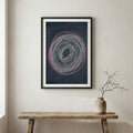 Navy Silver Swoosh Abstract canvas wall art in a framed room setting