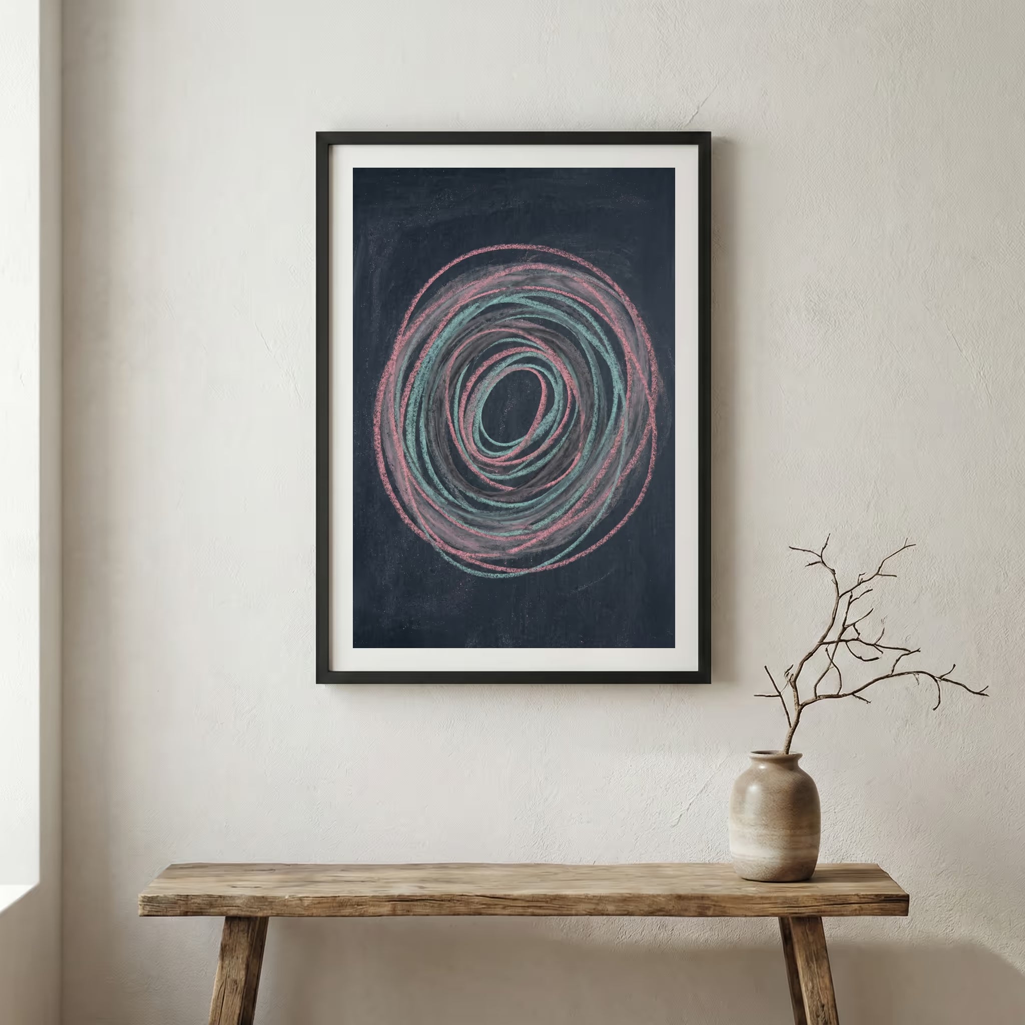 Navy Silver Swoosh Abstract canvas wall art in a framed room setting