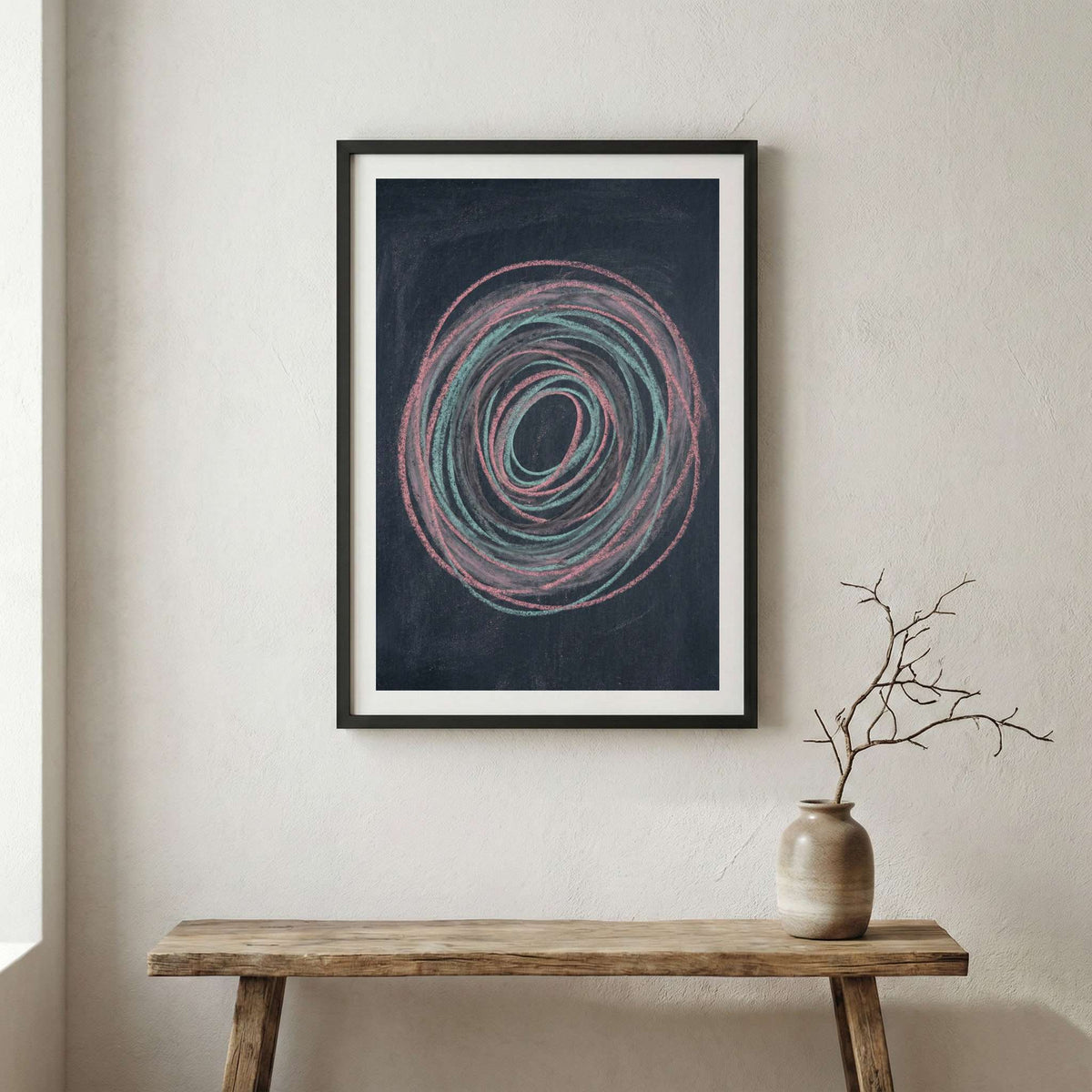 Navy Silver Swoosh Abstract canvas wall art in a framed room setting