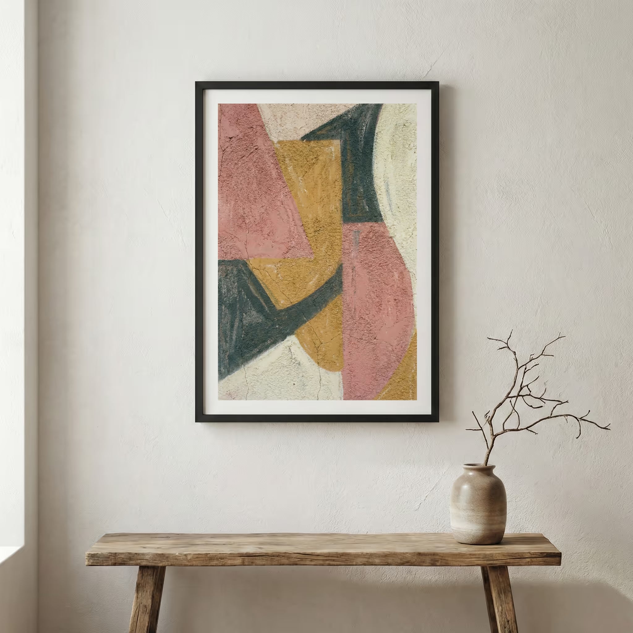Rust Teal Geometric Abstract canvas wall art in a framed room setting