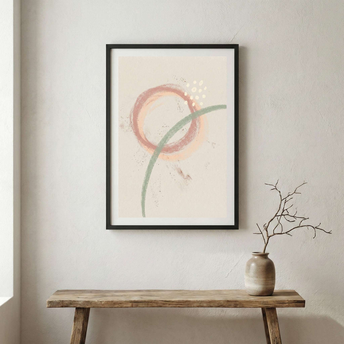 Blush Minimal Circle Abstract canvas wall art in a framed room setting