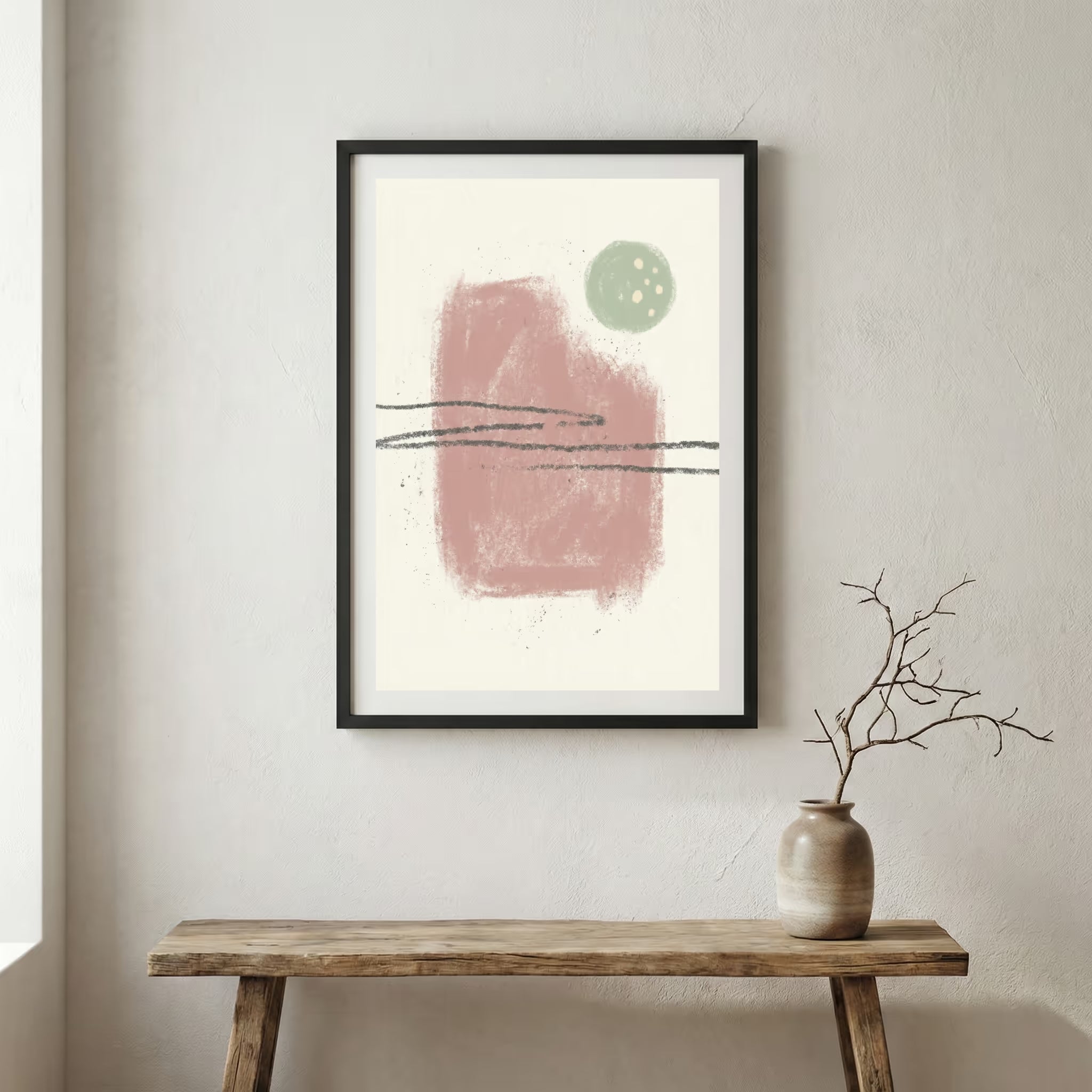 Blush Sage Minimal Abstract canvas wall art in a framed room setting